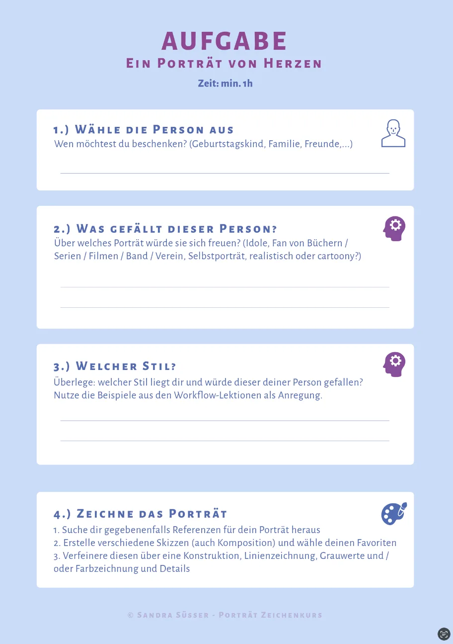 Aufgabenblatt 'Ein Porträt von Herzen' mit Anleitung zur Portraitzeichnung in 4 Schritten