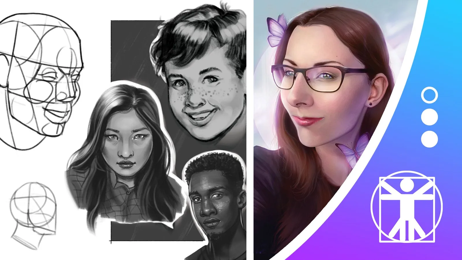 Hero-Bild zur Digitale Porträts zeichnen Masterclass mit Progression vom Skizze über Schwarz-Weiß zu farbigem Portrait