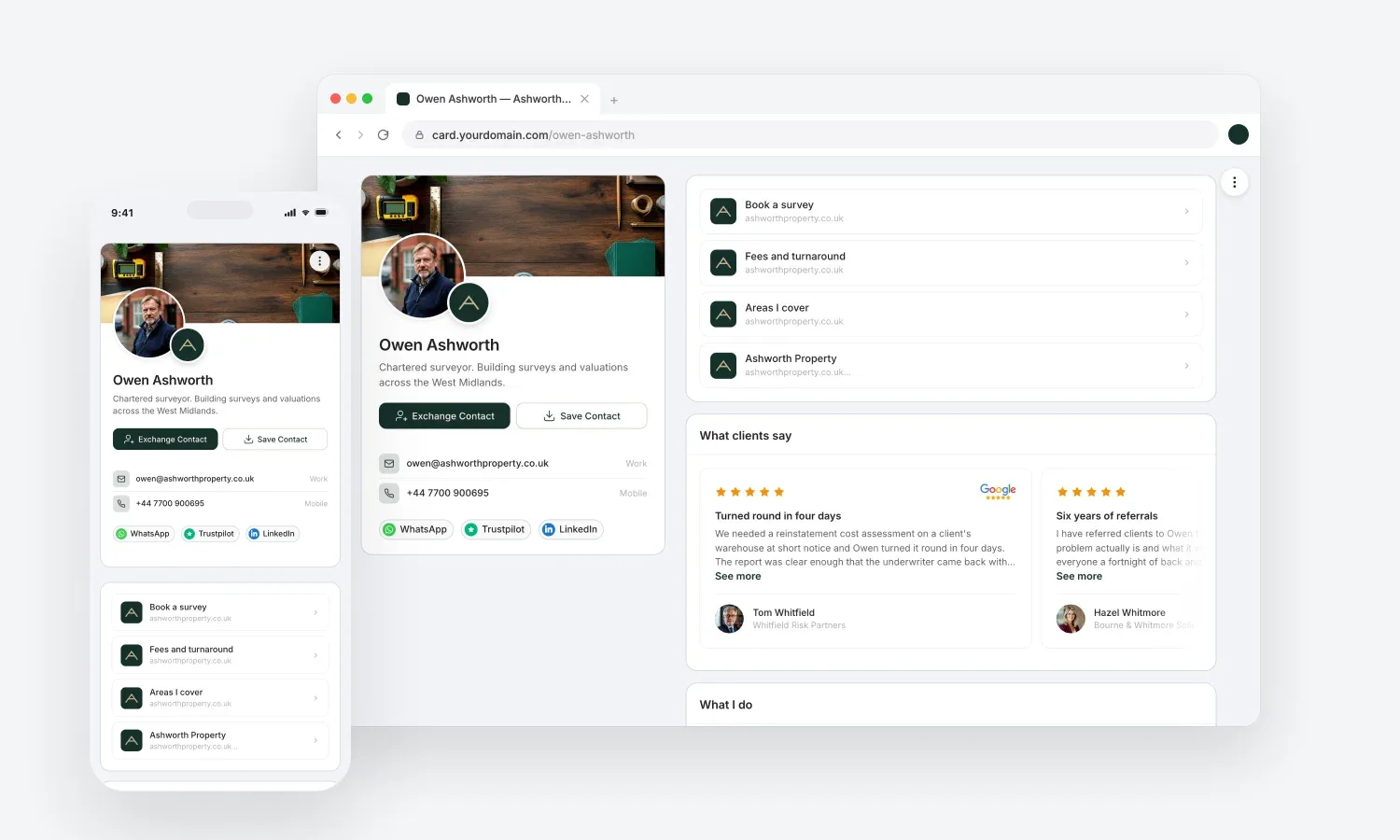 Owen Ashworth Visitenkarte in Browser- und Smartphone-Ansicht mit Profil, Kontaktoptionen und Kundenbewertungen