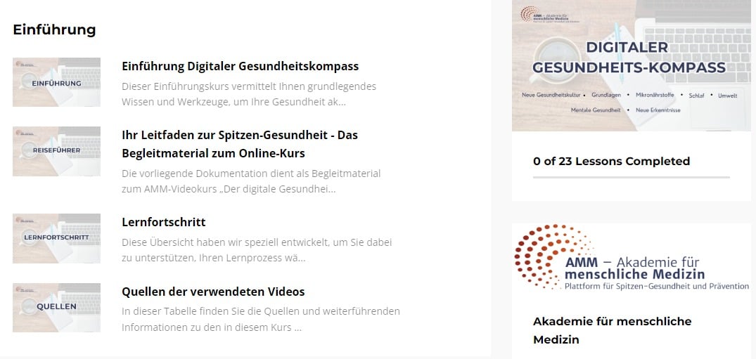 Screenshot des Begleitmaterials mit Einführung, Reiseführer, Lernfortschritt und Quellen