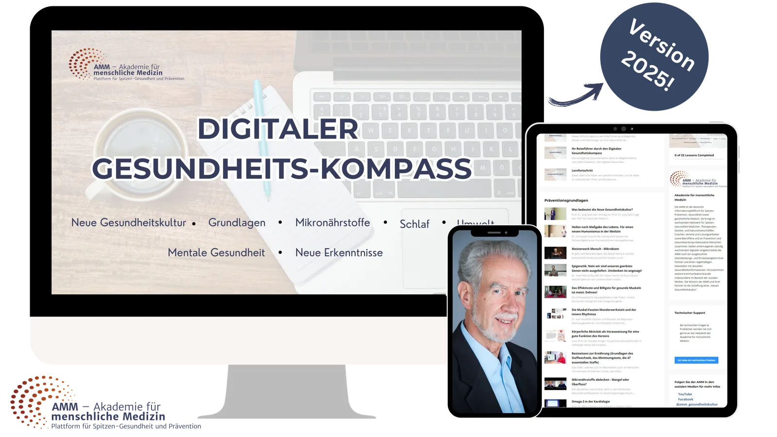 Mockup des Digitalen Gesundheitskompass mit Website auf Desktop und Tablet, Portraitfoto von Prof. Dr. Jörg Spitz auf Smartph