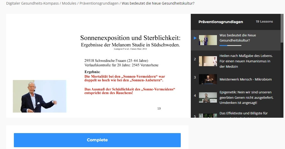 Screenshot des Kursinhalts mit Modul zu Sonnenexposition und Melanom-Studie
