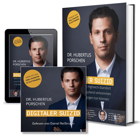 Digitaler Suizid – E-Book zur Digitalisierung 1 Buchcover Digitaler Suizid von Dr. Hubertus Porschen in drei Formaten: E-Book auf Tablet, Hörbuch-Cover und gedrucktes Buch