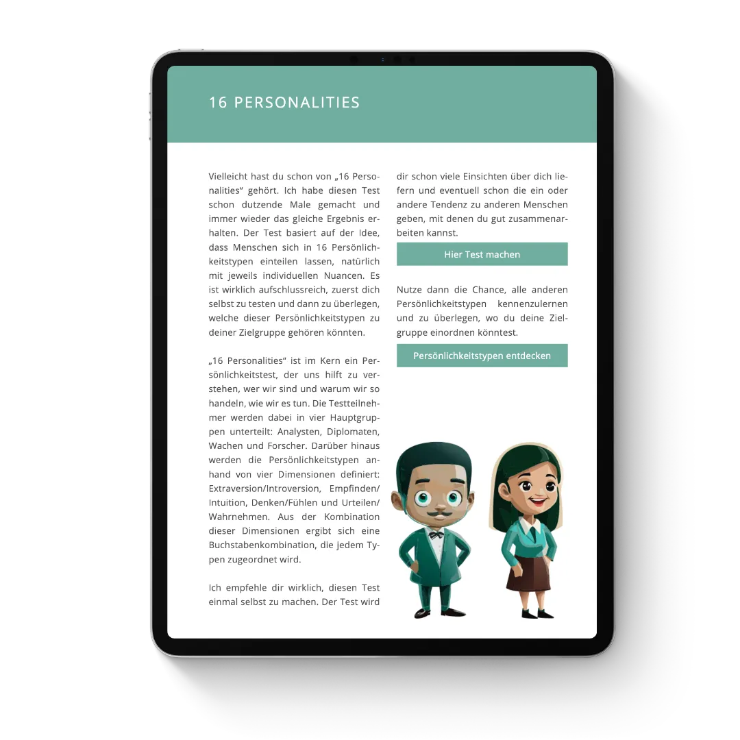 Tablet-Screenshot des Workbooks zum Thema 16 Personalities Test