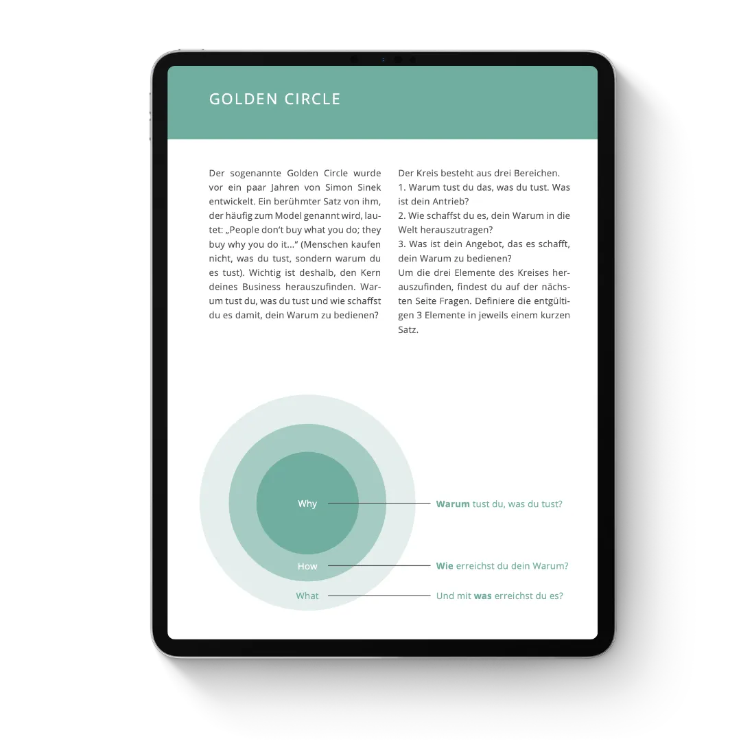 Tablet-Screenshot des Workbooks mit Golden Circle Grafik und Erklärtext