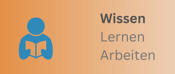 Lernmodul-Icon mit Buch und Person, Text Wissen Lernen Arbeiten