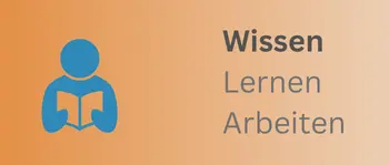 Lernmodul-Icon mit Buch und Person, Text Wissen Lernen Arbeiten