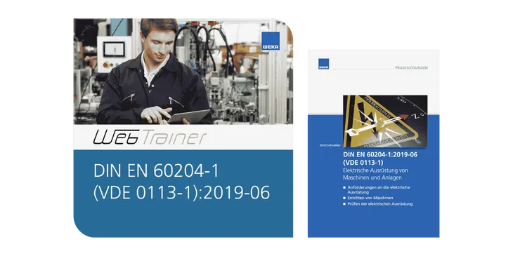 Wissenspaket zur DIN EN 60204-1 mit Fachkraft an industrieller Maschine und Normcovern