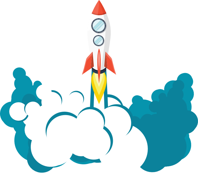 Illustration einer roten und weißen Rakete, die durch Wolken startet