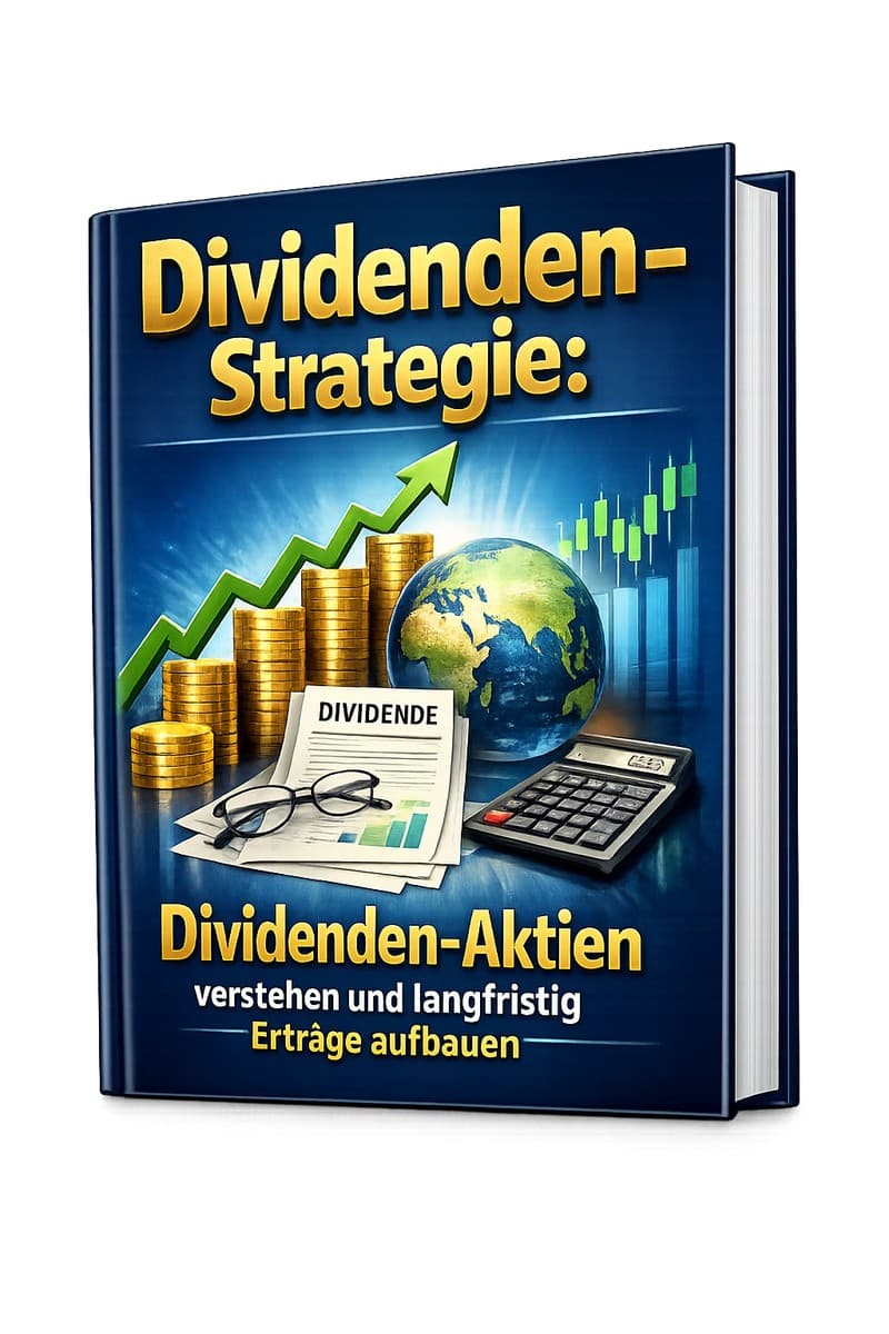 Cover Dividenden-Strategie E-Book mit goldener Schrift, Münzstapel, Aufwärtstrend und Finanz-Symbolen