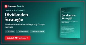 Hero-Banner für Dividenden-Strategie PDF-Ratgeber von RatgeberPlatz.de mit Buch-Mockup
