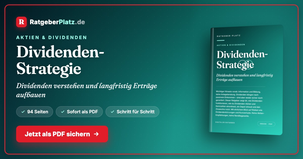 Hero-Banner für Dividenden-Strategie PDF-Ratgeber von RatgeberPlatz.de mit Buch-Mockup