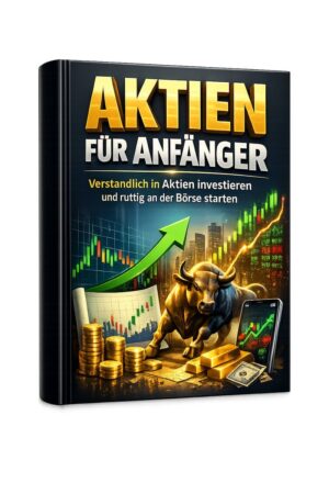Cover Aktien für Anfänger E-Book mit Stier, Münzen, Aktiendiagramm und Smartphone