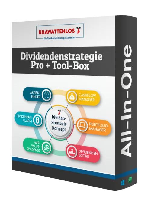 Seitliche Ansicht Produktbox Dividendenstrategie Pro + Tool-Box mit All-in-one Beschriftung