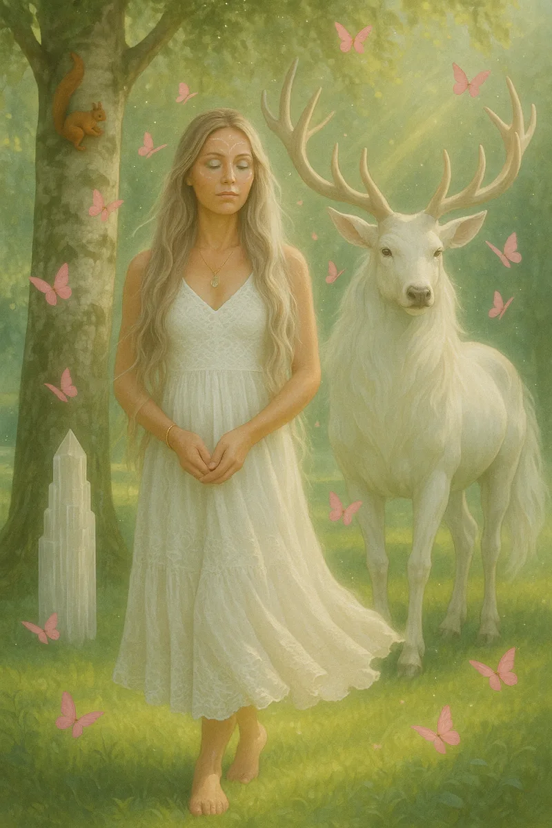 Illustration: Blonde Frau in weißem Kleid neben weißem Hirsch, grüne Waldszene mit rosa Schmetterlingen