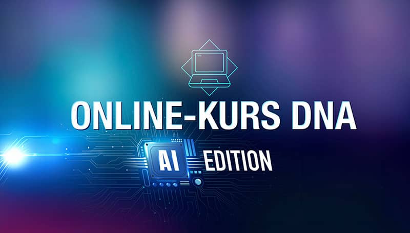 Hero-Banner für Online-Kurs DNA KI Edition 2025 mit Laptop-Icon und Schaltkreis-Design