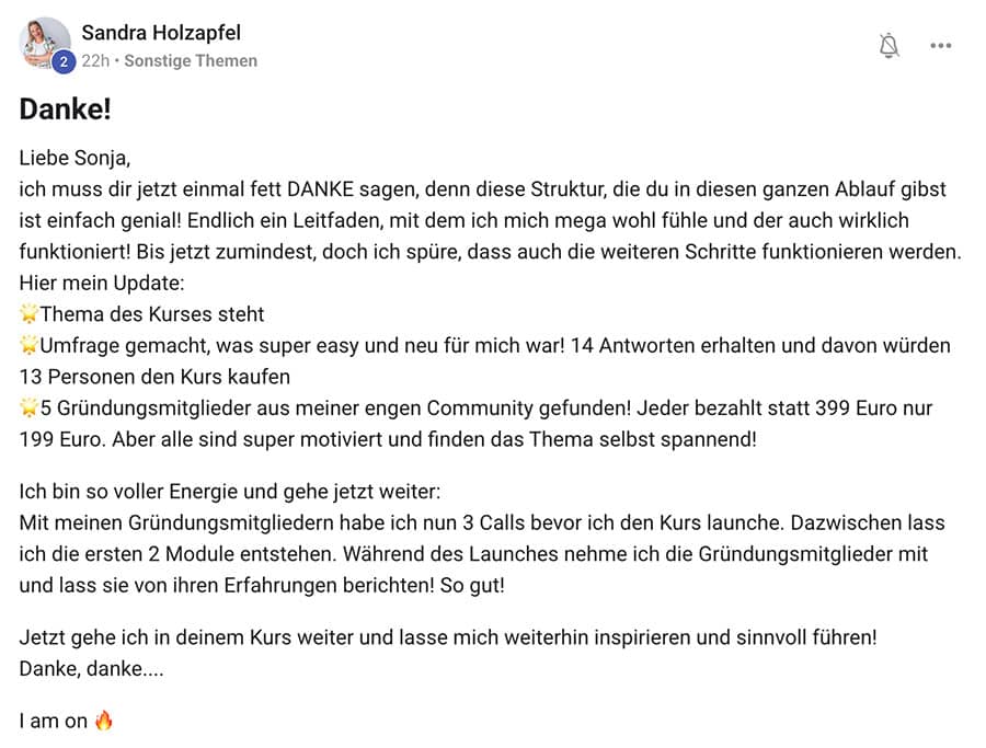LinkedIn-Testimonial von Sandra Holzapfel über Kursstruktur und Gründungsmitglieder