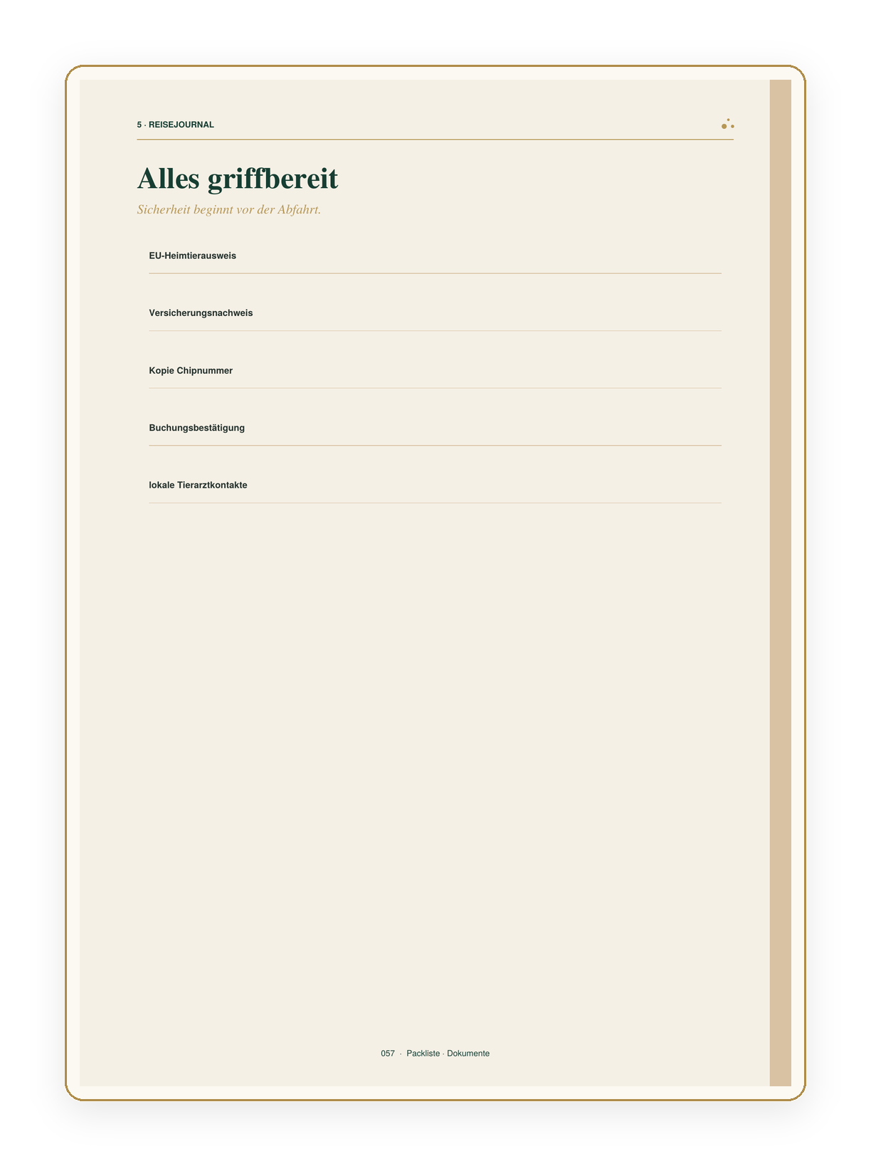 Reisejournal-Checkliste mit Dokumenten, Versicherung und Tierarzt-Kontakten