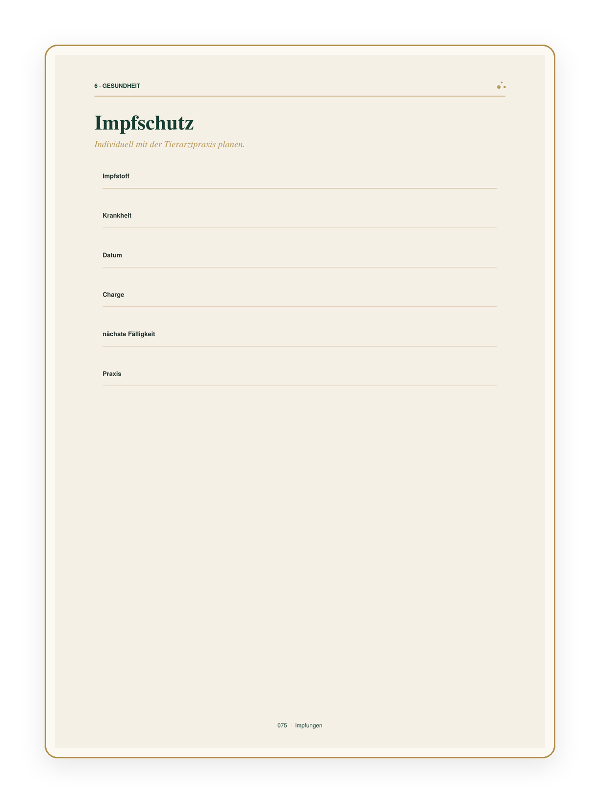 Impfschutz-Seite des Luxury Journal für Impfstoff, Krankheit, Datum und Praxis
