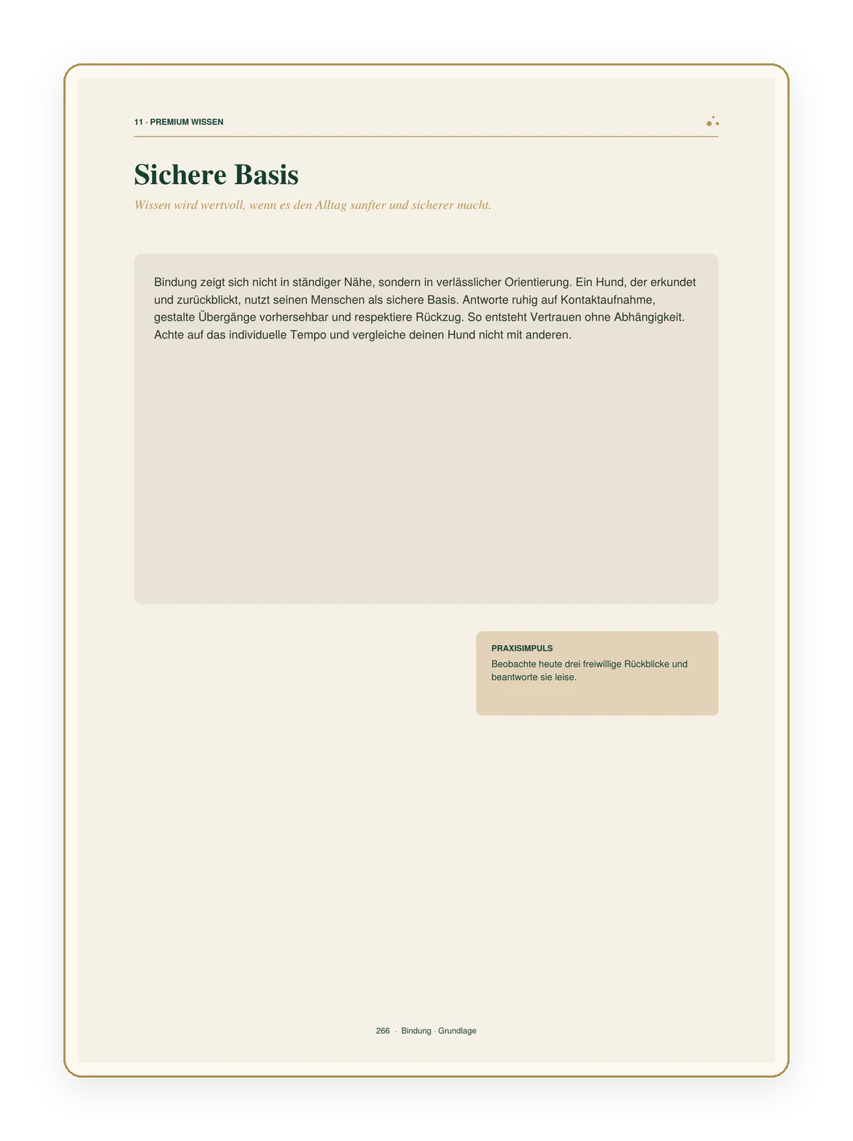 Premium Wissen Seite mit Artikel über sichere Bindung und Praxisimpuls für Hundetraining