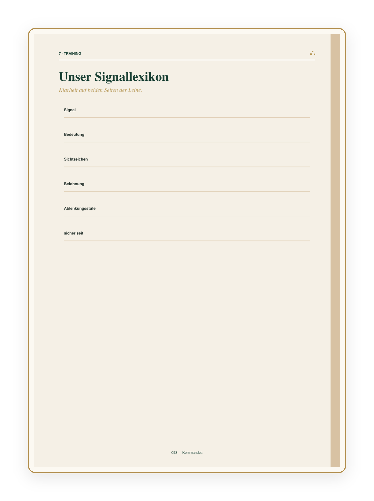 Training Signallexikon-Seite mit Feldern für Signal, Bedeutung, Sichtzeichen und Belohnung