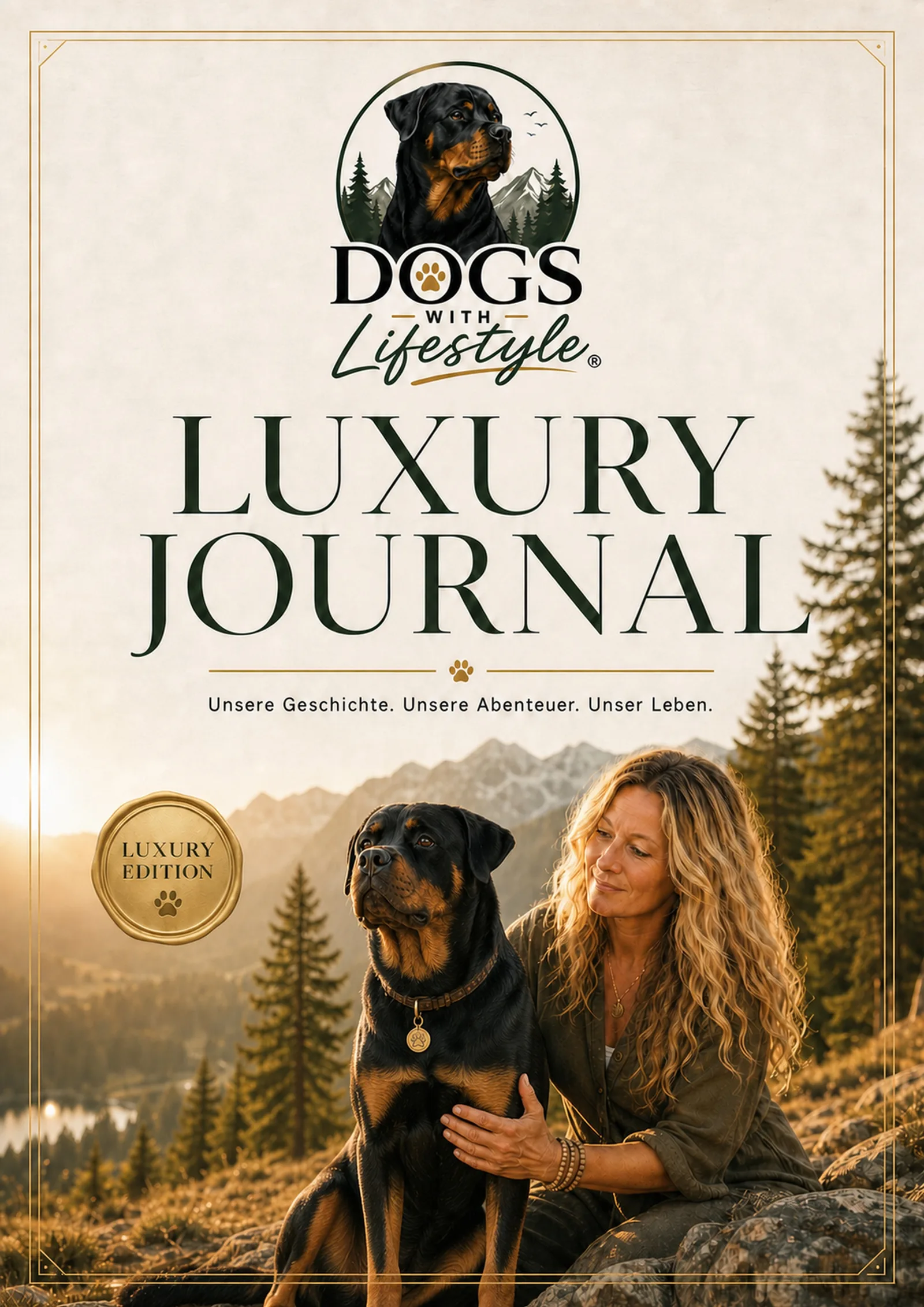 DOGS WITH LIFESTYLE® Luxury Journal Cover in hoher Auflösung mit Logo und Testimonial
