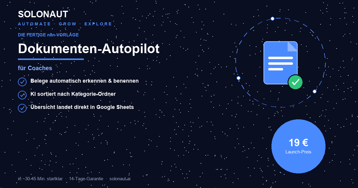 Dokumenten-Autopilot n8n-Vorlage mit Starfield-Hintergrund, Hauptmerkmale und 19€ Launch-Preis