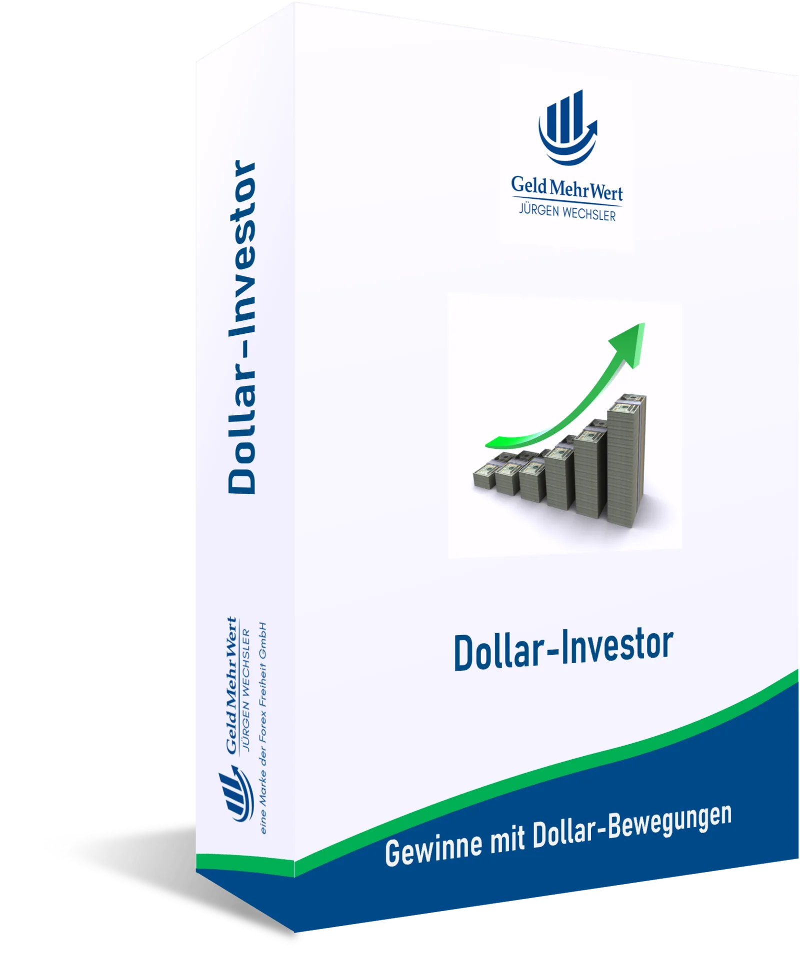 Dollar-Investor Produktbox mit Geld-Stapeln und grünem Wachstumspfeil, Geld Mehr Wert Logo