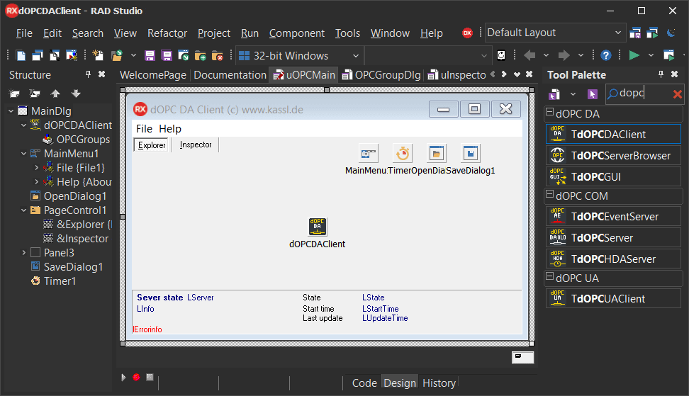dOPC DA Client Toolkit in RAD Studio IDE mit Explorer und Inspector Panels, Delphi Entwicklungsumgebung