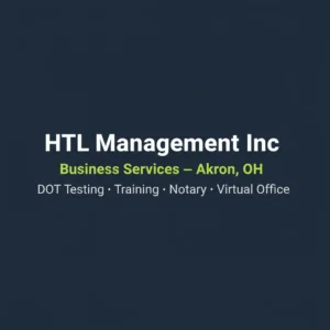 HTL Management Inc Unternehmenslogo mit Standort Akron Ohio und DOT-Dienstleistungen