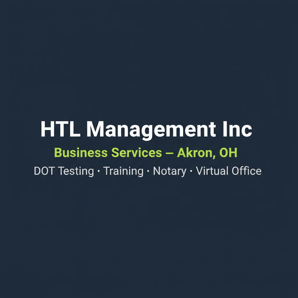 HTL Management Inc Unternehmenslogo mit Standort Akron Ohio und DOT-Dienstleistungen