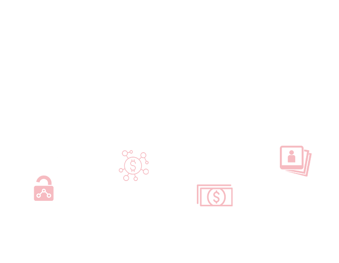 Dekorative Icons in Rosa zeigen Zielgruppe: Tasche mit Schalter, Virus mit Geldsymbol, Geldschein, Dokumentensammlung