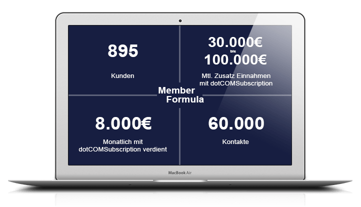 MacBook-Mockup zeigt Member Formula Statistiken mit 895 Kunden, 30.000–100.000 Euro Zusatzeinkommen, 8.000 Euro monatlich und