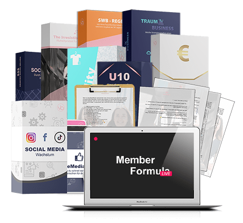 Member Formula Bundle Mockup zeigt Laptop mit Kursmaterialien, Büchern und Social-Media-Inhalten