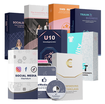 Produktabbildung zeigt 8 gebündelte Kurse und Materialen mit U10-Logo, Kursbücher, DVD und Zertifikat für dotCOMSubscription