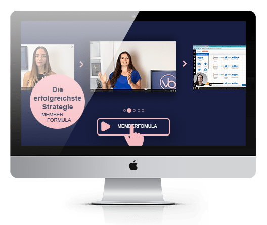 Monitor-Mockup zeigt Video-Carousel mit Karolina Mori und Text 'Die erfolgreichste Strategie MEMBER FORMULA' mit Abspieltaste
