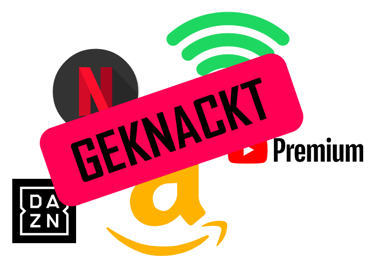 Streaming-Service-Logos Netflix, Spotify, YouTube und Amazon mit großem roten Banner 'GECKNACKT' und Premium-Label