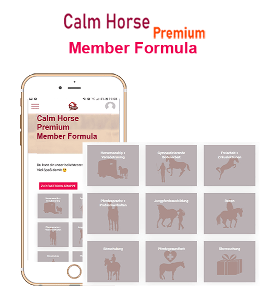 iPhone-Mockup zeigt Calm Horse Premium Member Formula App mit Kurskacheln wie Verhaltensschulung und Pferdegesundheit