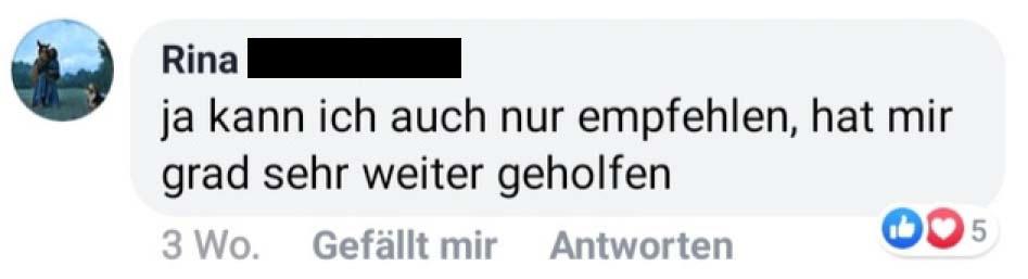 Kundenstimme von Rina mit Profilbild: Social-Media-Kommentar über positive Erfahrung