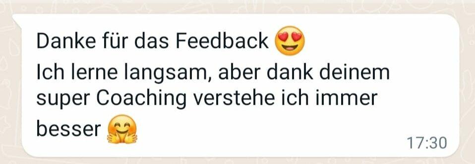 Kundenstimme: WhatsApp-Nachricht mit Dank für Feedback und Coaching-Erfahrung