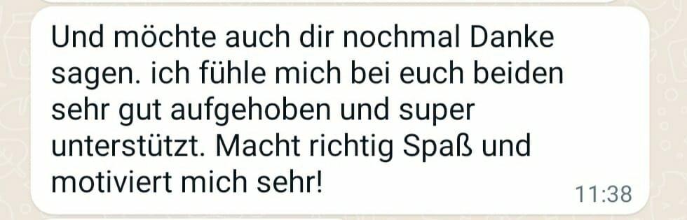 Kundenstimme: WhatsApp-Nachricht mit Dank für Unterstützung und Motivation