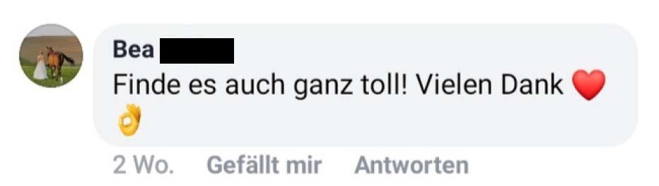Kundenstimme von Bea mit Profilbild: Social-Media-Kommentar 'Finde es auch ganz toll'