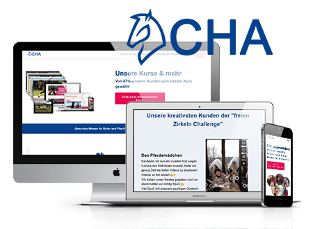 CHA Logo und Desktop-Mockup mit Kursen und mobiler Ansicht der Plattform