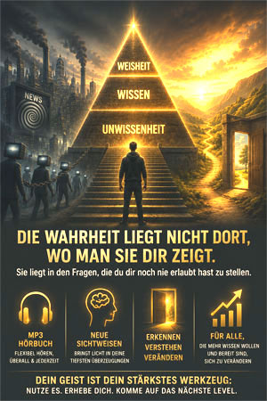 Hörbuch-Cover Drei Ebenen des Wissens mit Pyramide und Figur auf Treppe, Weisheit Wissen Unwissenheit
