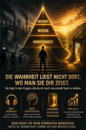 Hörbuch-Cover Drei Ebenen des Wissens mit Pyramide, Treppe und leuchtender Tür, Weisheit Wissen Unwissenheit