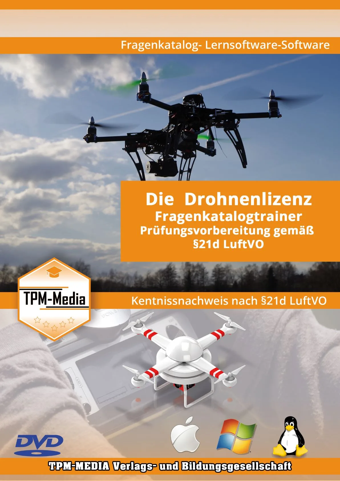 DVD-Cover Drohnen-Pilotenlizenz Lerntrainer mit Drohne und Fragen-Katalog