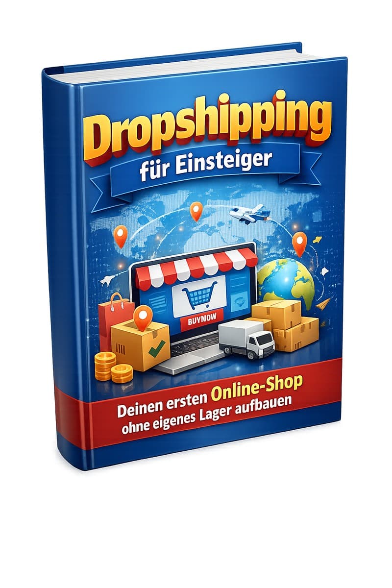 Buch-Mockup Dropshipping für Einsteiger mit blauem Cover und Online-Shop-Grafiken
