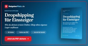 Hero-Banner für Dropshipping für Einsteiger mit RatgeberPlatz-Logo, Buchtitel und Call-to-Action-Button