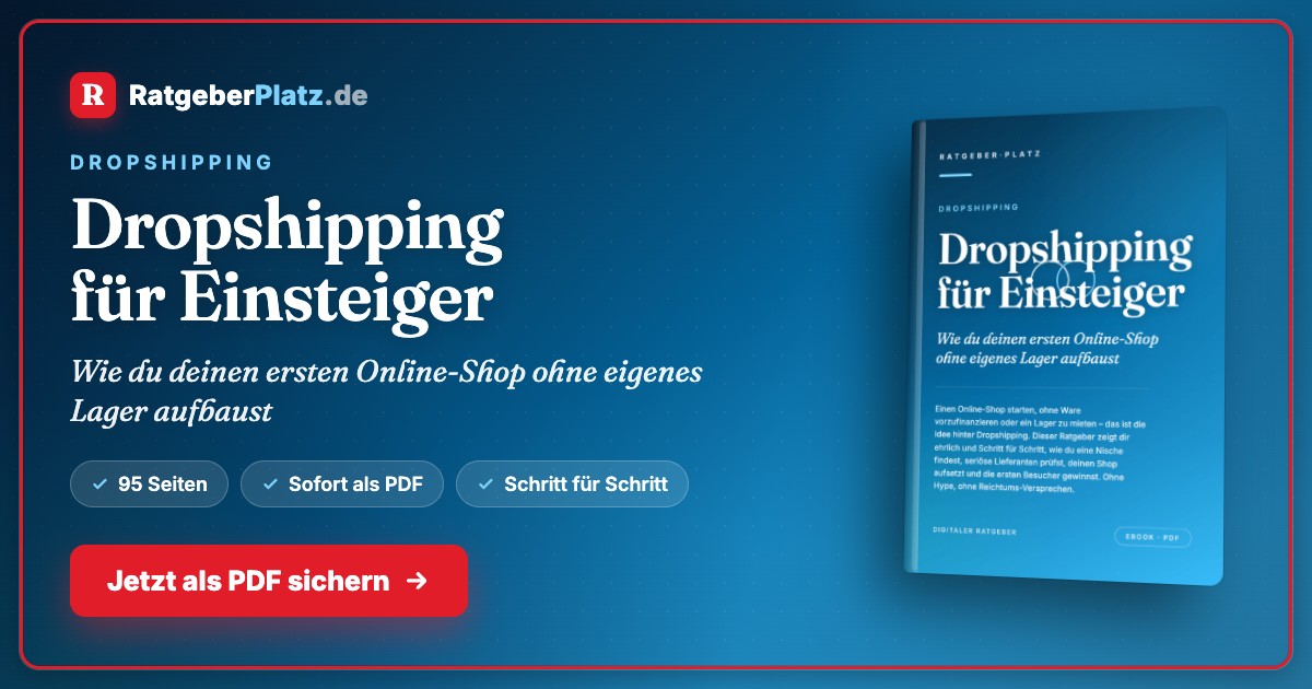 Hero-Banner für Dropshipping für Einsteiger mit RatgeberPlatz-Logo, Buchtitel und Call-to-Action-Button