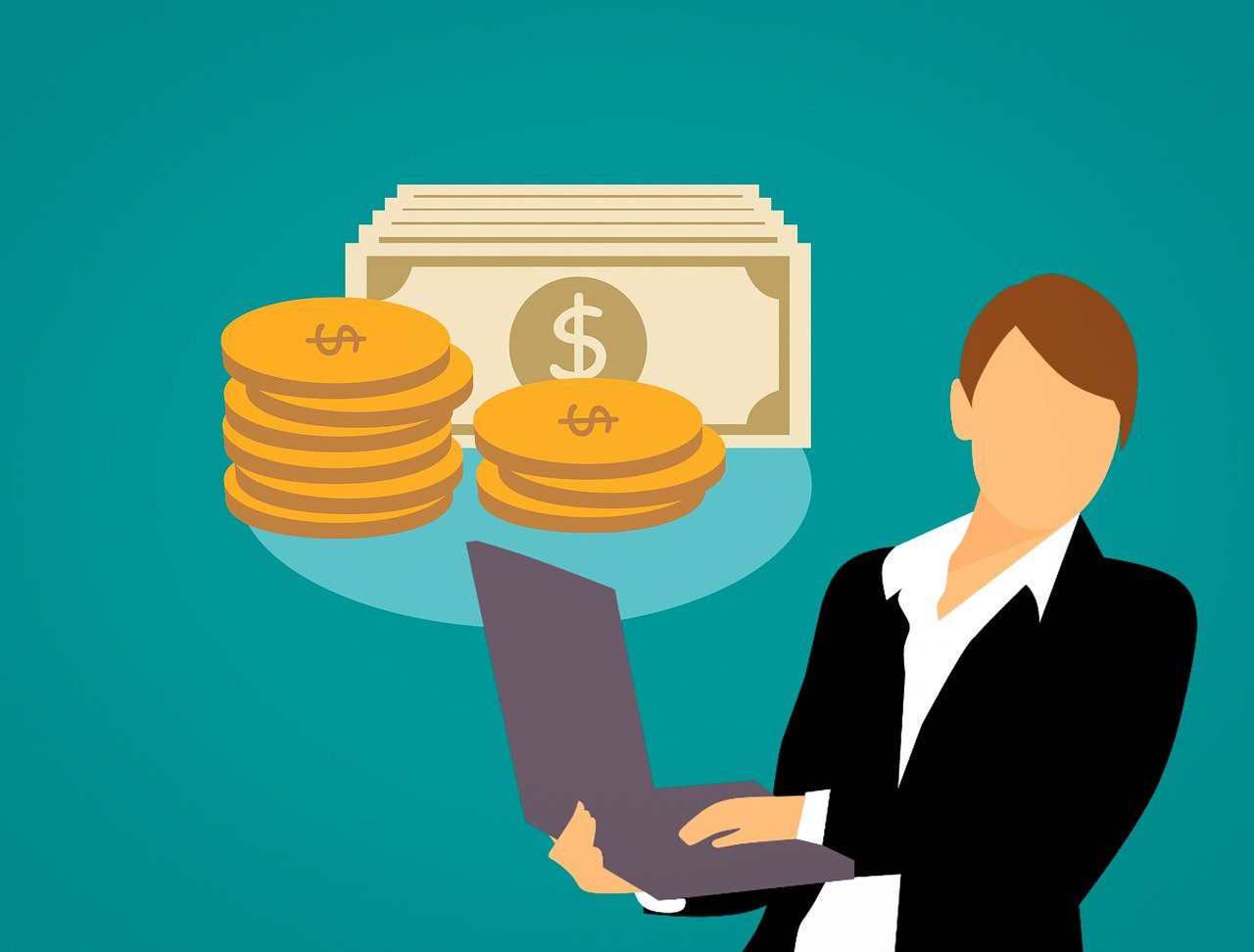 Geschäftsfrau mit Laptop und Geldstapel, Illustration zum Online-Business mit kleinem Startkapital